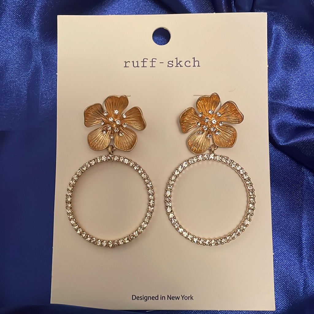 Ruff-Skch Earrings - Gold-Tone Flowers And Crystal Circles - Nwt